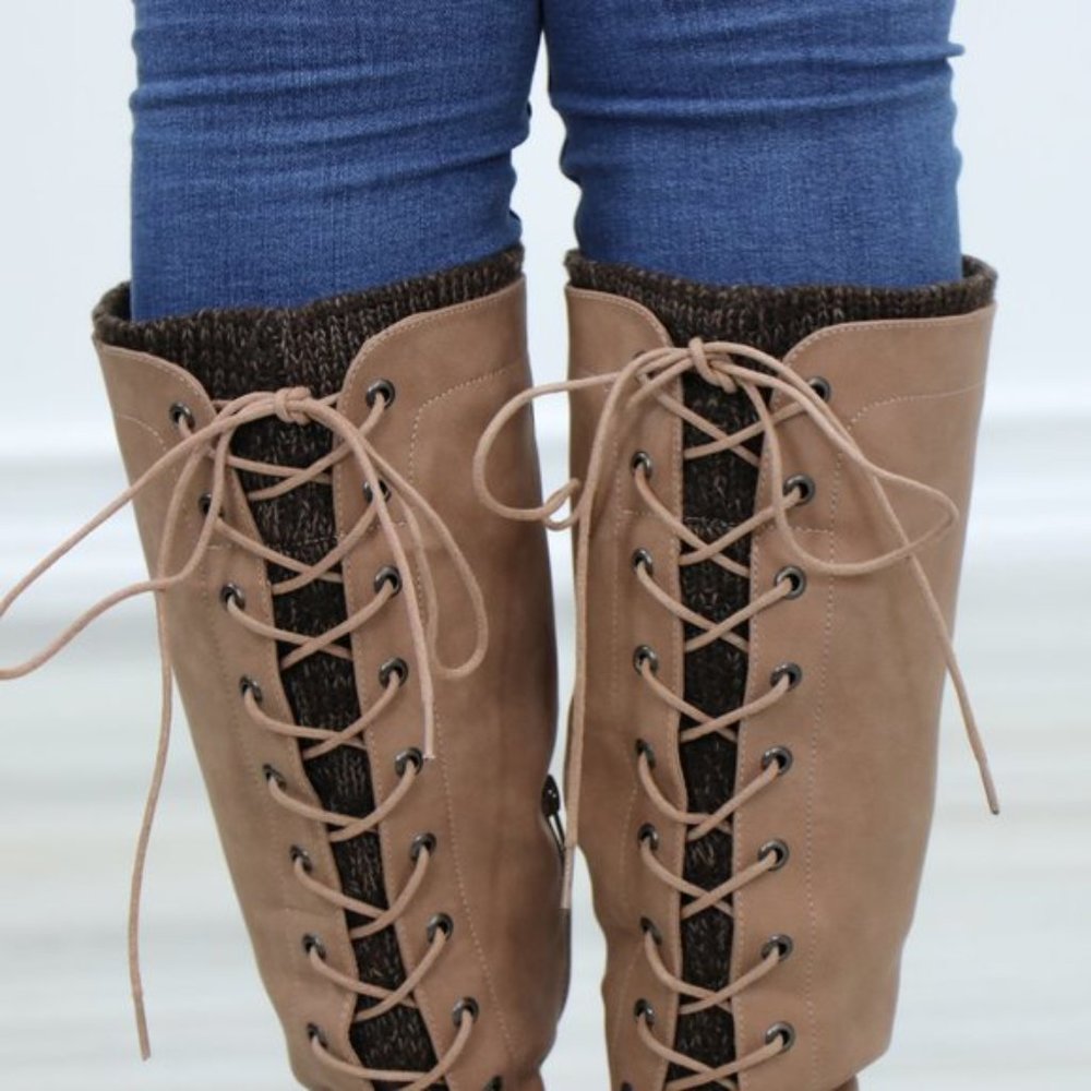 Taupe Warm Winter Mid Calf Lace Back Boots - Picture 6 of 15